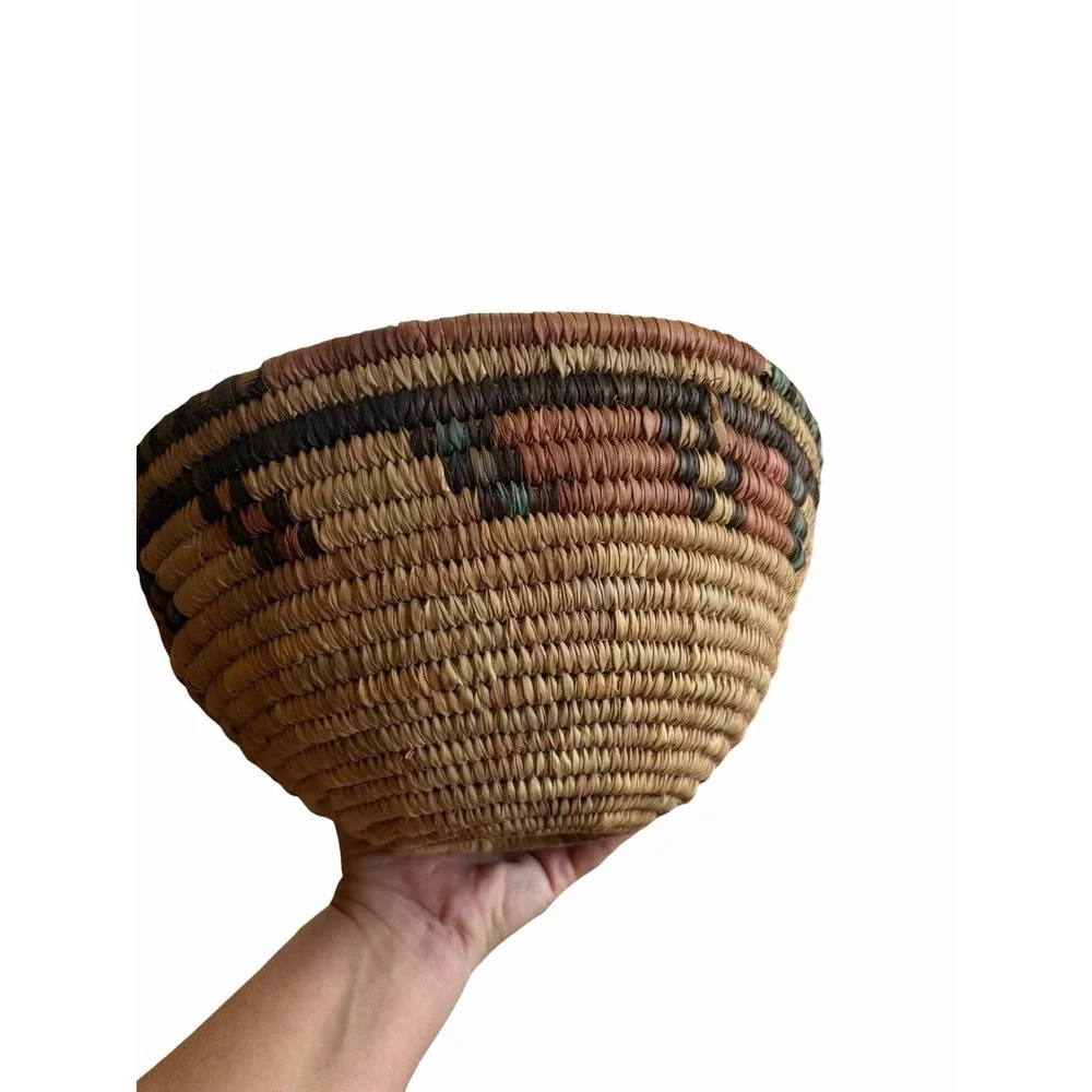 Hand Made Woven Bowl Natural Dyed Fiber Color Patten 11in/5in/5.5in Rustic Vtg